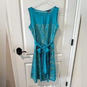 Covington Beige and Green Floral Lace Overlay Sleeveless Dress with Tie